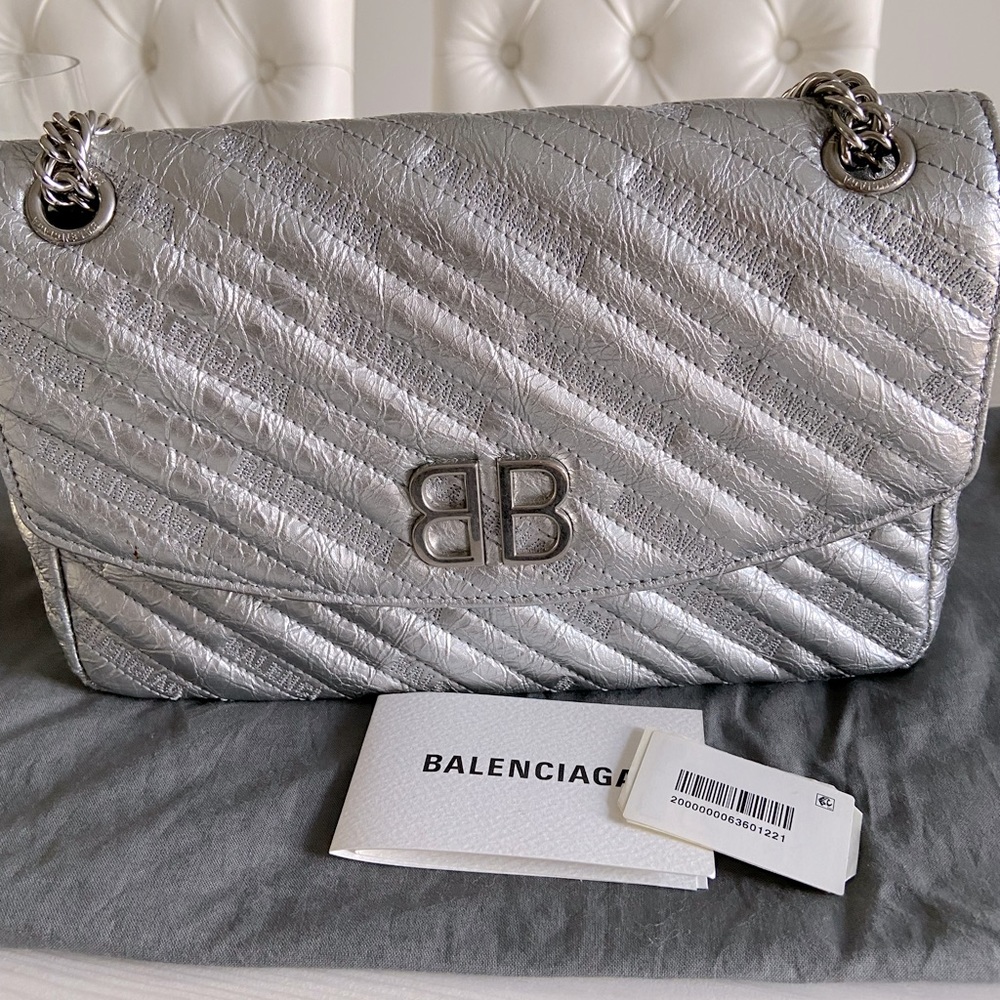 Balenciaga Metallic Silver Quilted BB Chain Shoulder Bag